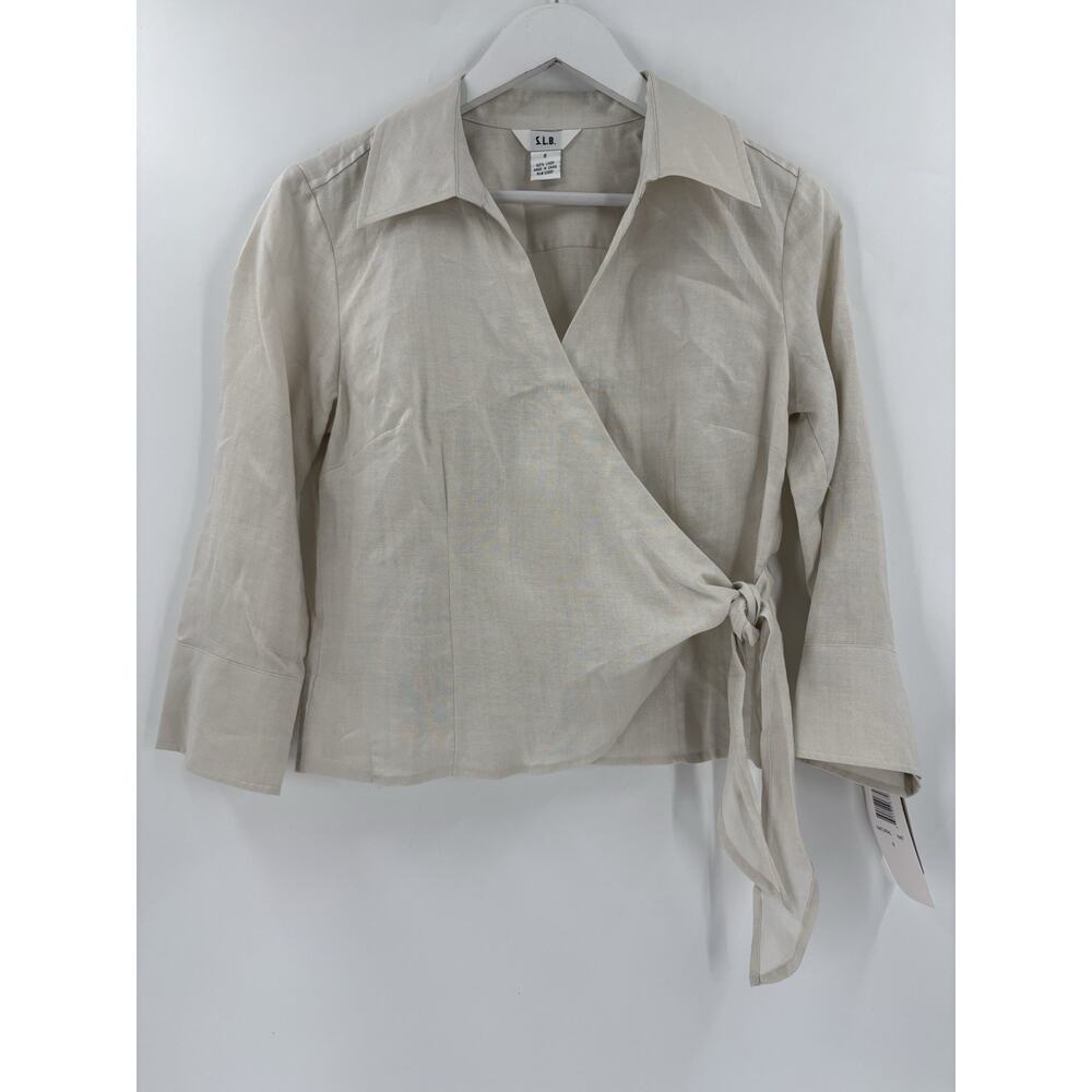 NWT Vintage S.L.B. Blouse Womens 6 Beige 100% Linen Wrap Side Tie Knot V Neck